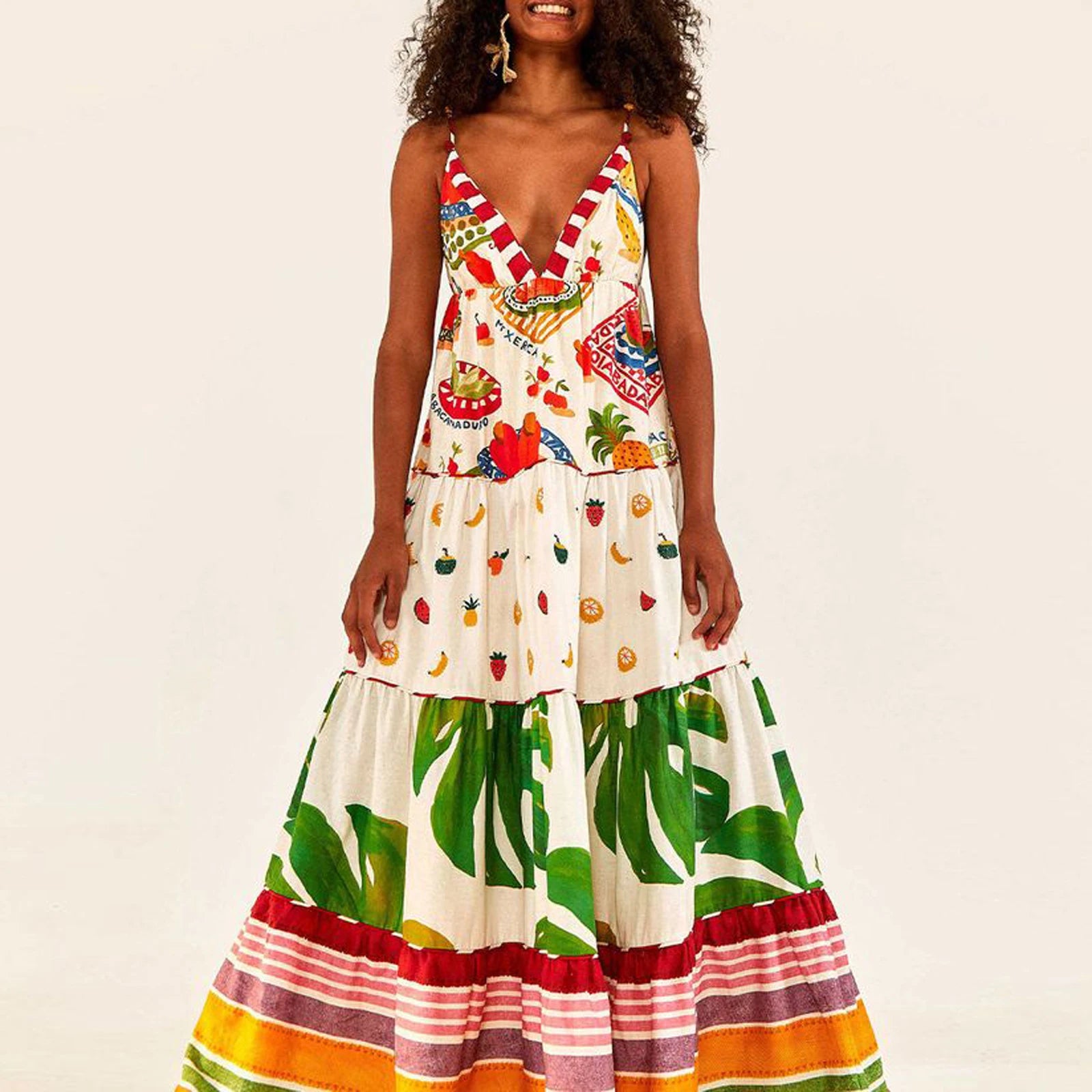 Tropical Fruit Print Maxi Dress - Spaghetti Strap Backless Summer Dress