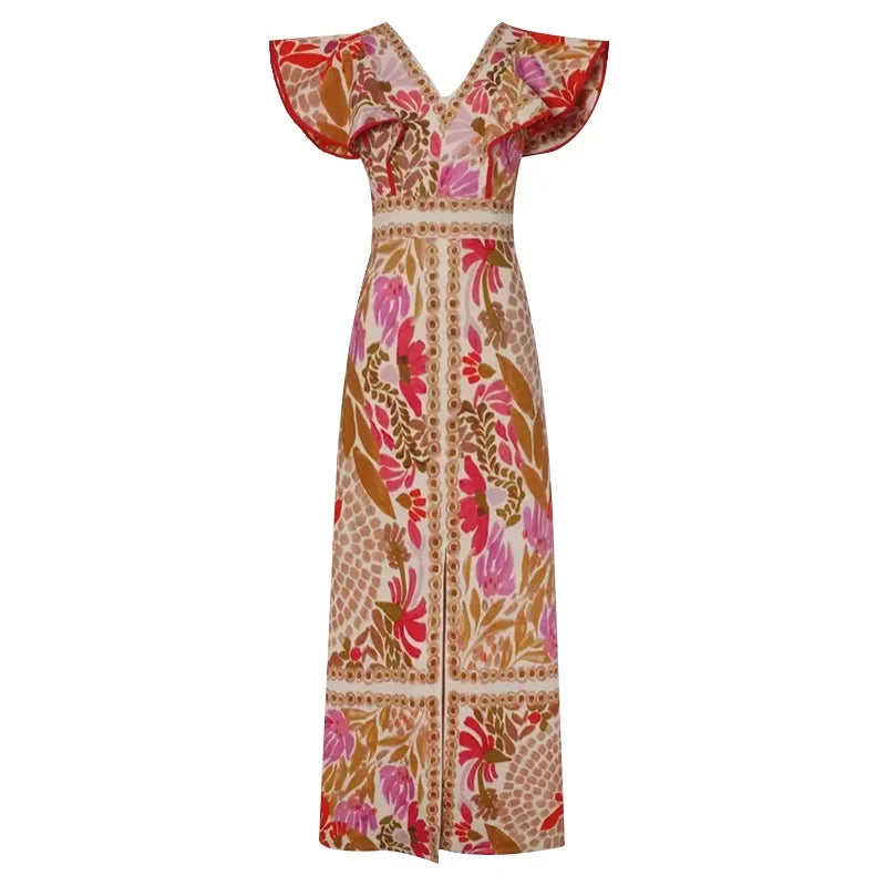 Floral patterned dress with ruffled sleeves on a white background