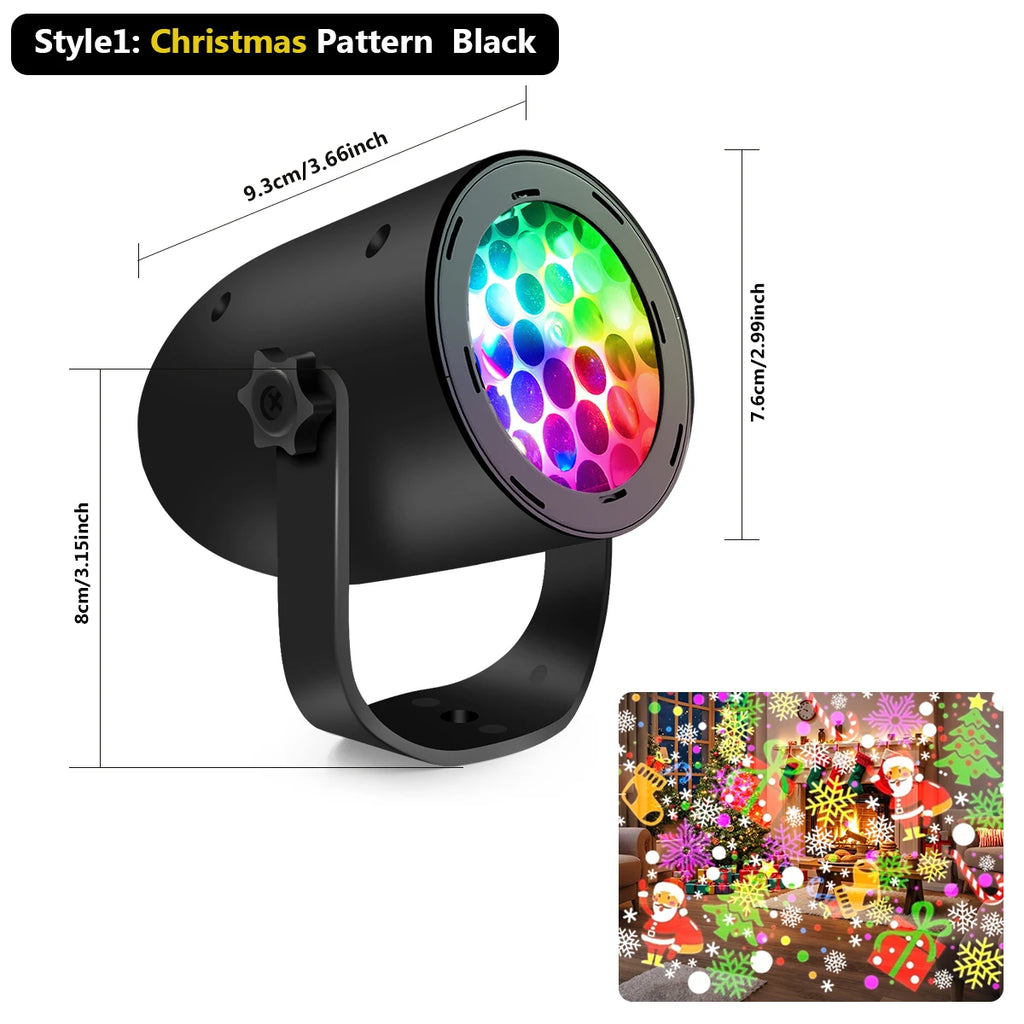 Black LED light projector with colorful pattern on a white background, inset with Christmas-themed projection.