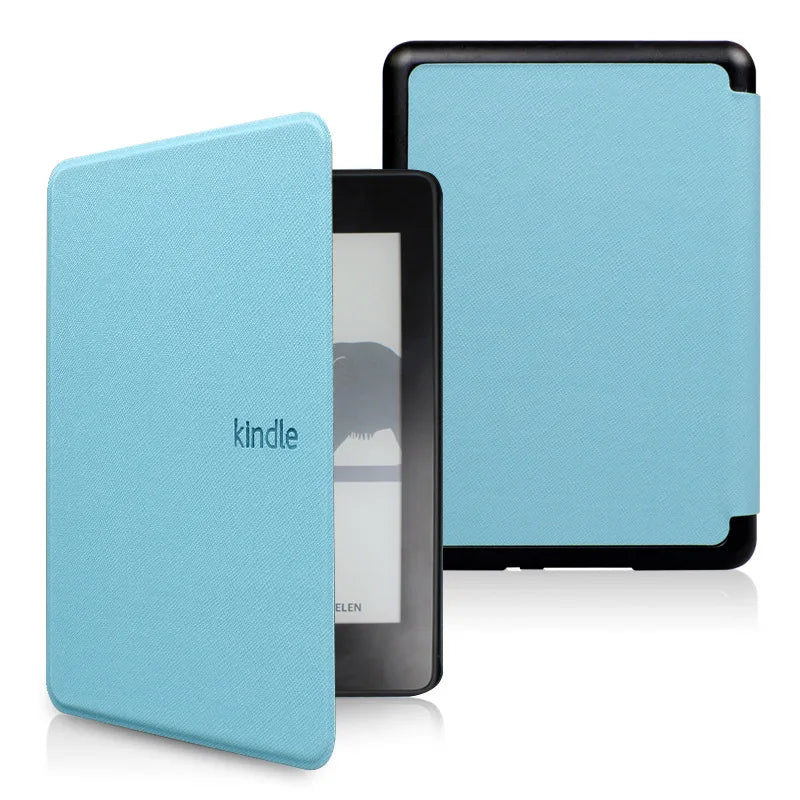 Kindle device with a blue cover on a white background