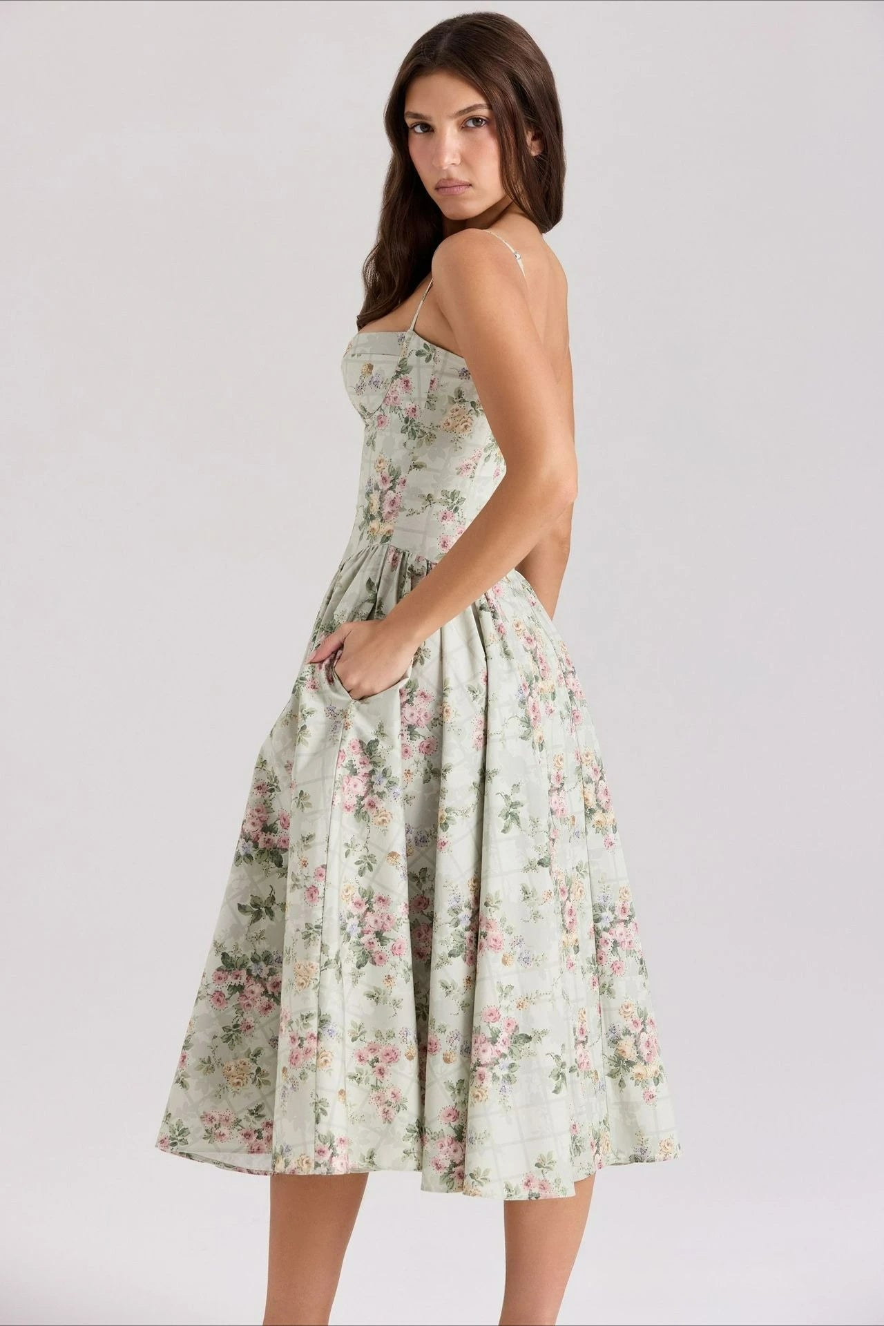Floral Print Corset Midi Dress - Cottagecore Style