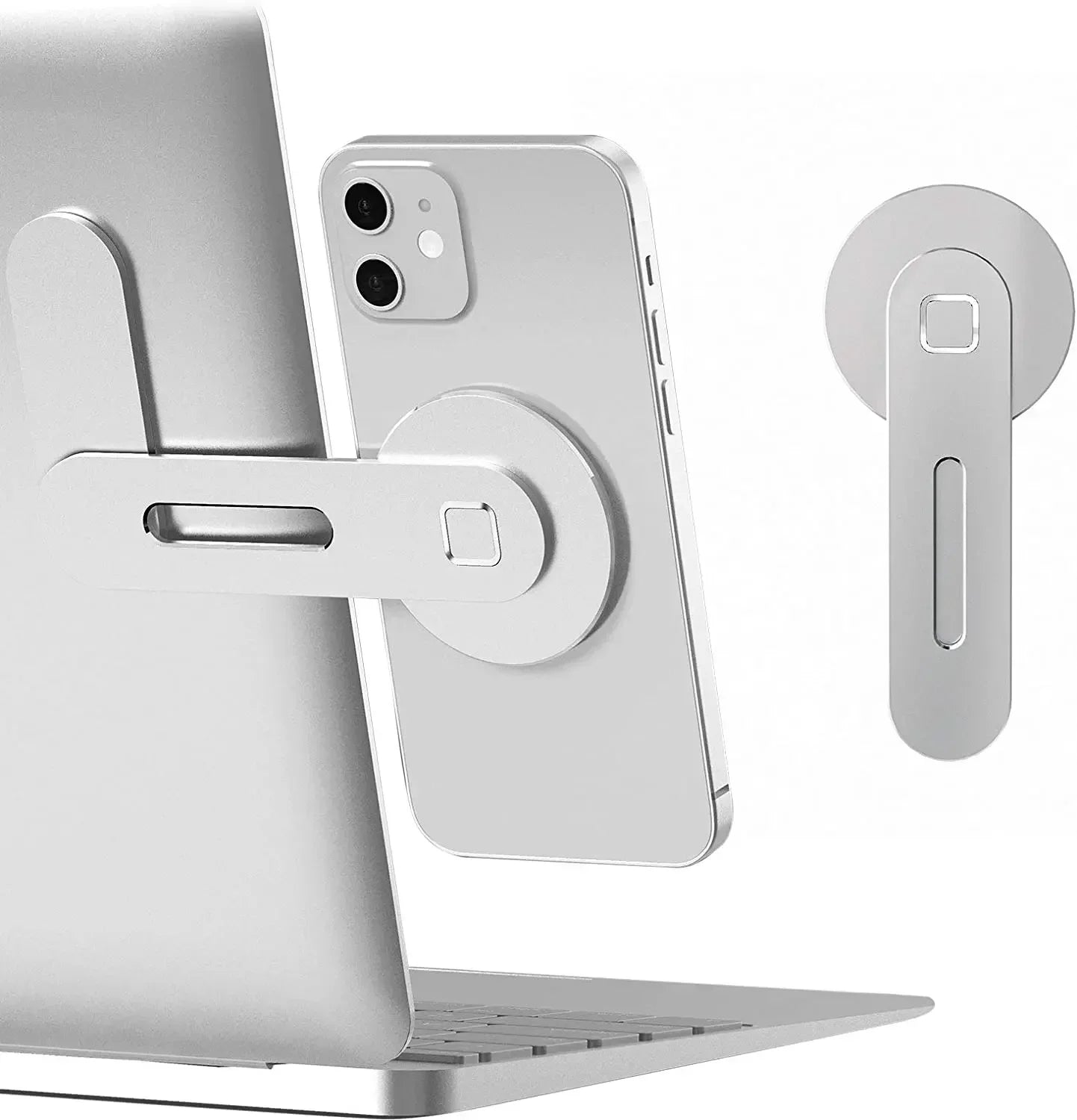 Phone holder with laptop stand and wireless earbuds on a white background