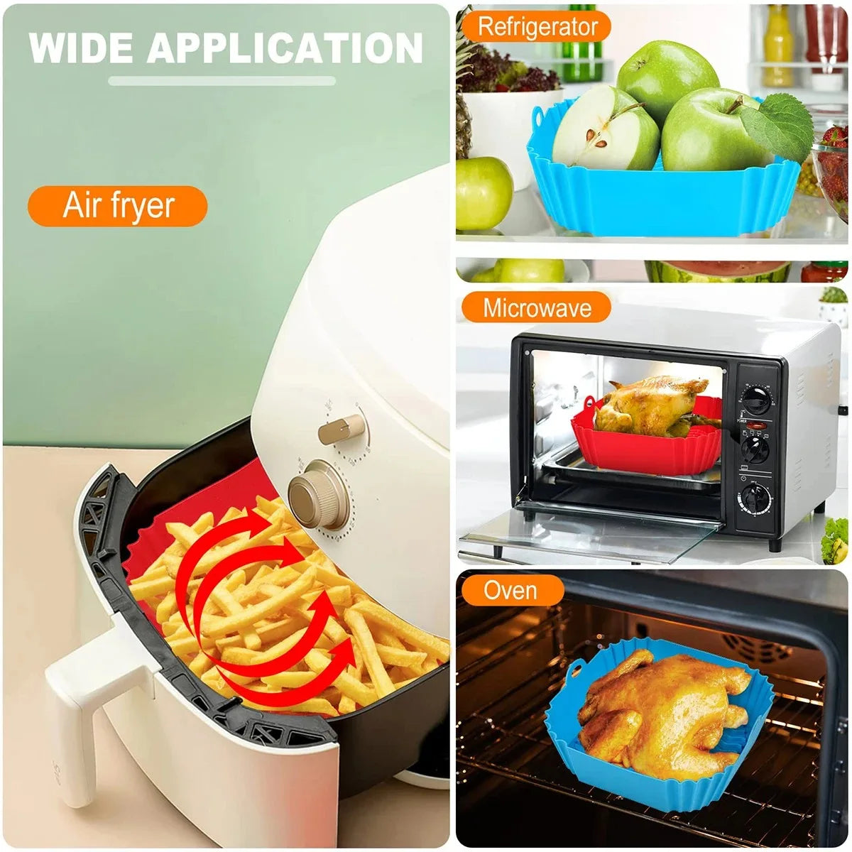 Silicone baking mat used in air fryer, refrigerator, microwave, and oven.