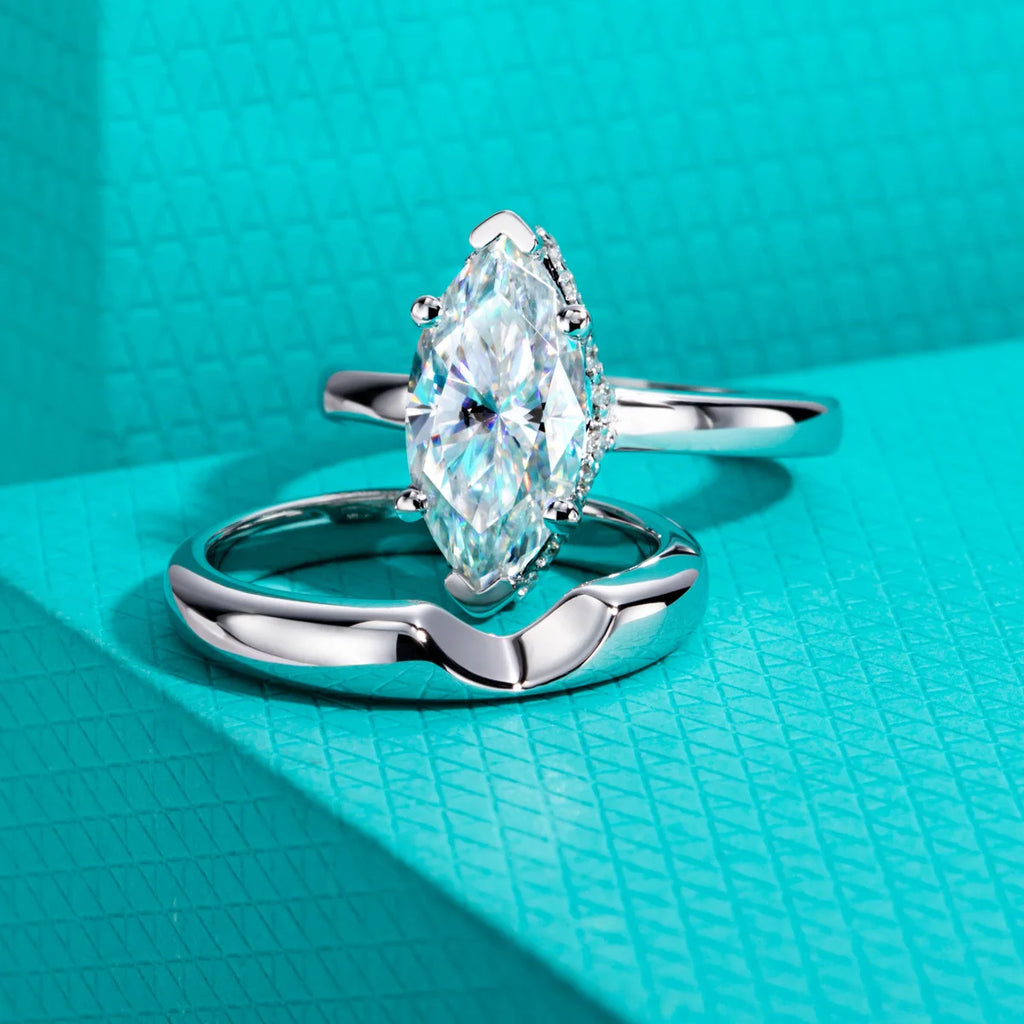 3ct Marquise Cut D-Color Moissanite Bridal Ring Set - 925 Sterling Silver