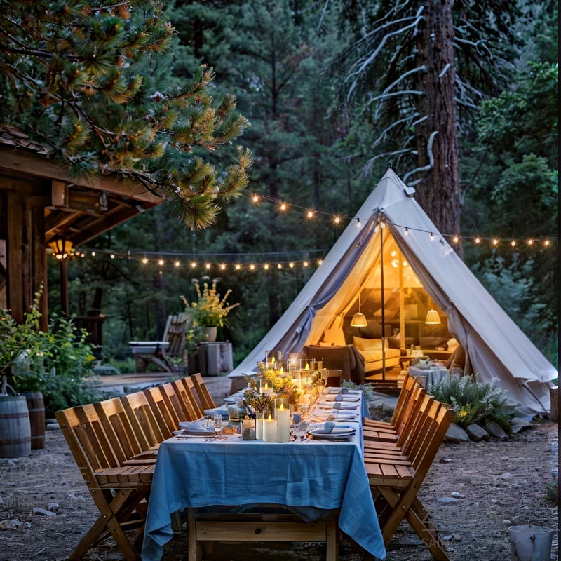 Dining setup outside a lit tent in a forest setting with string lights.