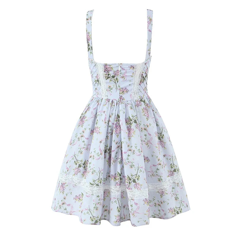 French Style Floral Print Lace Dress - Cottagecore Style