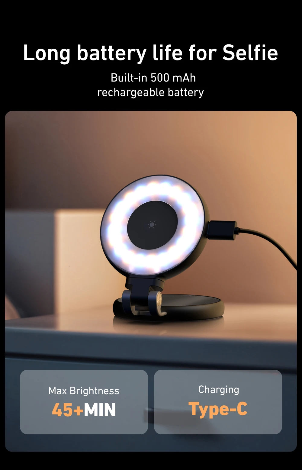 Ring light with charging cable and battery information on a neutral background