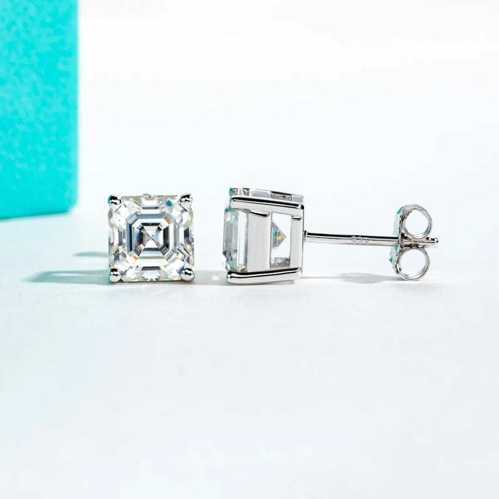 Asscher Cut Moissanite Stud Earrings - 10K Gold Post