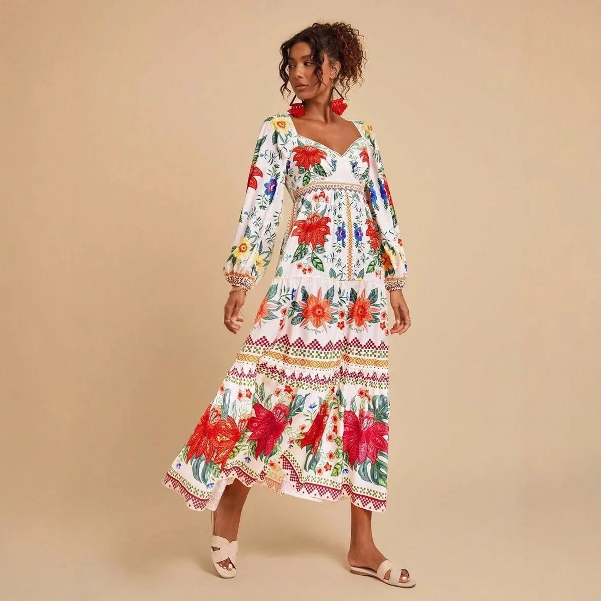 Floral Print V-Neck Maxi Dress - Long Sleeve Empire Waist