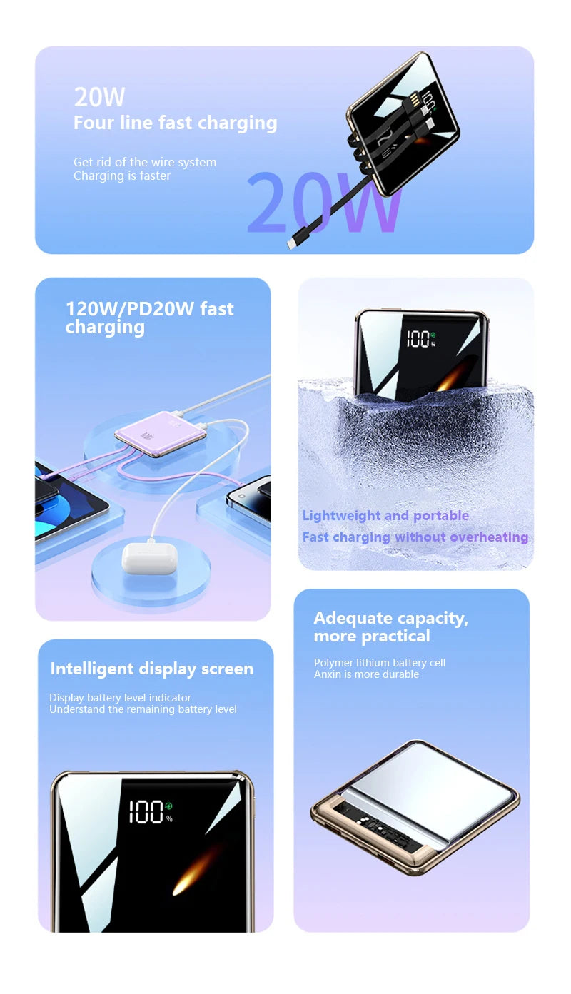 Product features with text on fast charging, weight, capacity, and display screen.