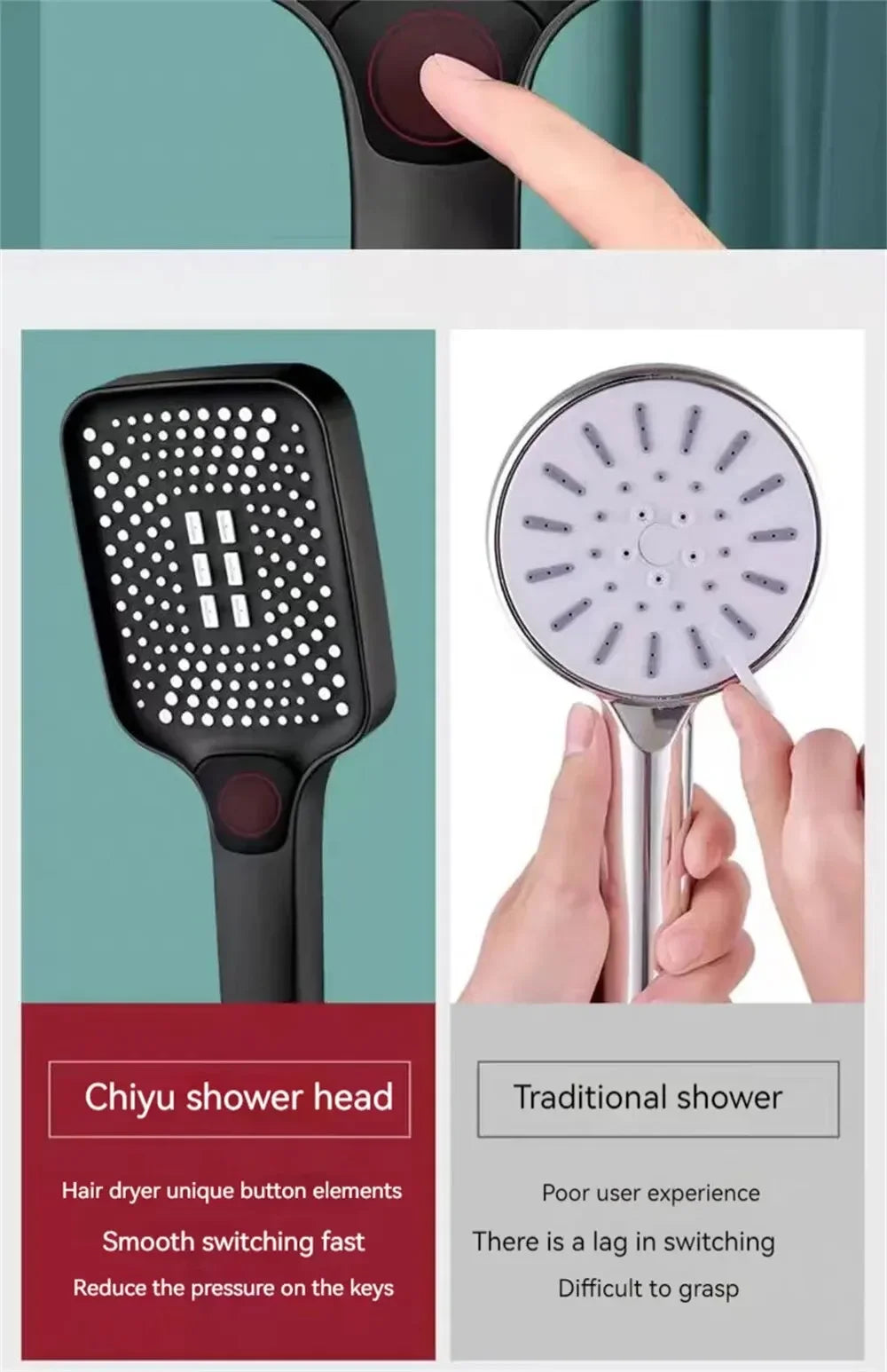 Comparison of Chiyu shower head with traditional shower, highlighting features and user experience.