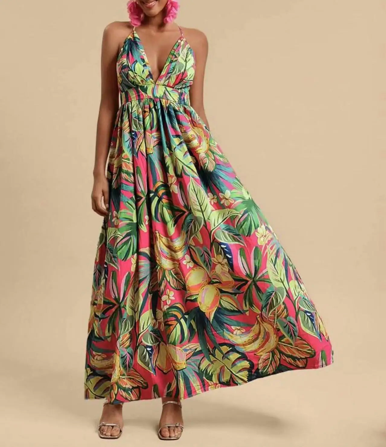 Printed Halter Maxi Dress Set - Bold V-Neck Summer Dress