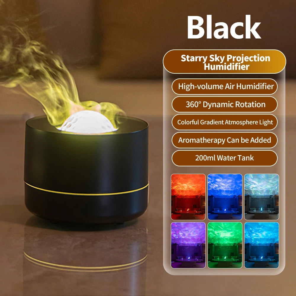 Black starry sky projection humidifier with colorful light display on a brown background