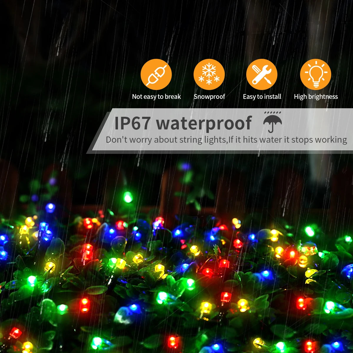 String lights with IP67 waterproof feature in a rain scene