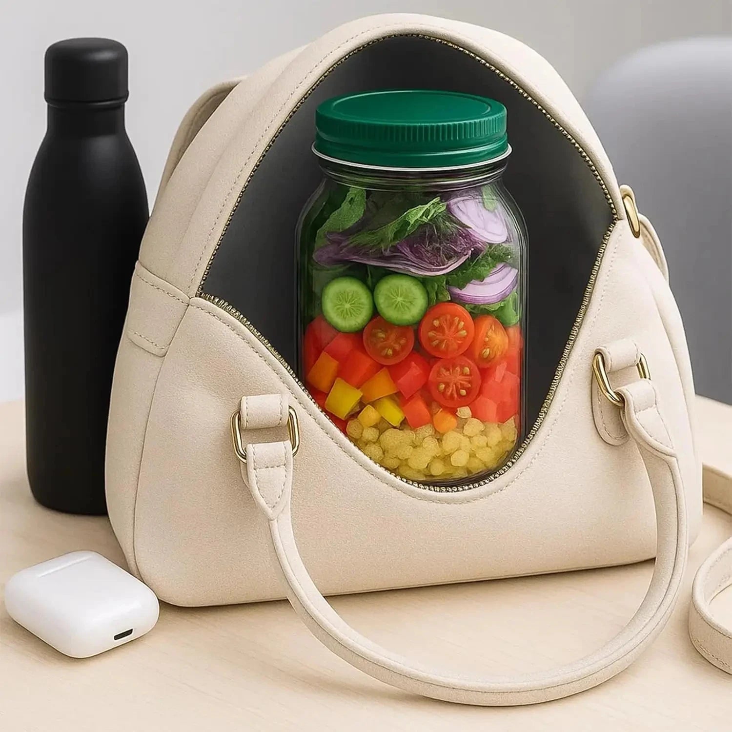 Beige handbag with a clear section revealing a jar of salad, next to a black water bottle and white device on a light surface.