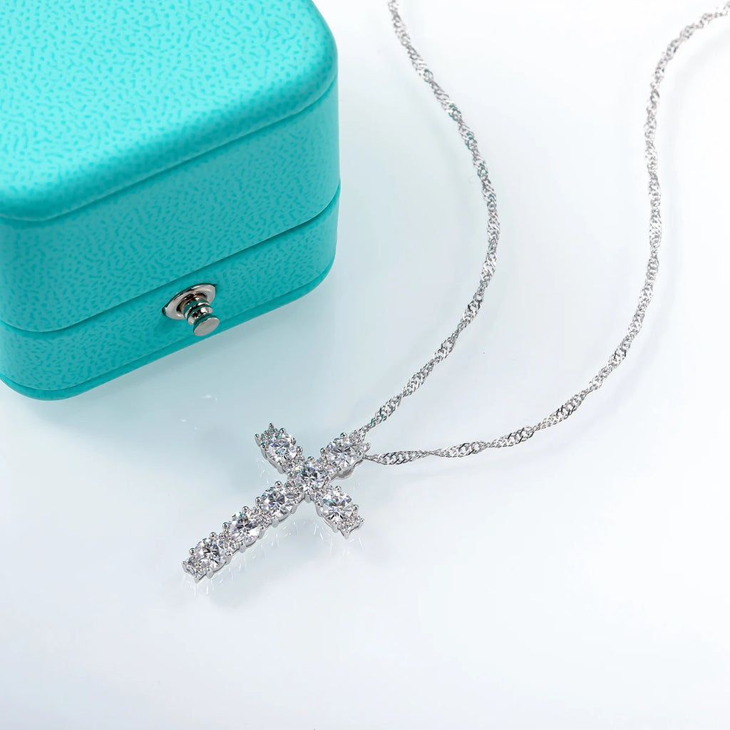 Moissanite Cross Pendant Necklace - 925 Sterling Silver 18K Gold Plated
