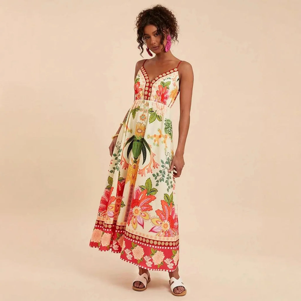 Floral Print Off-Shoulder Maxi Dress - Spaghetti Strap A-Line