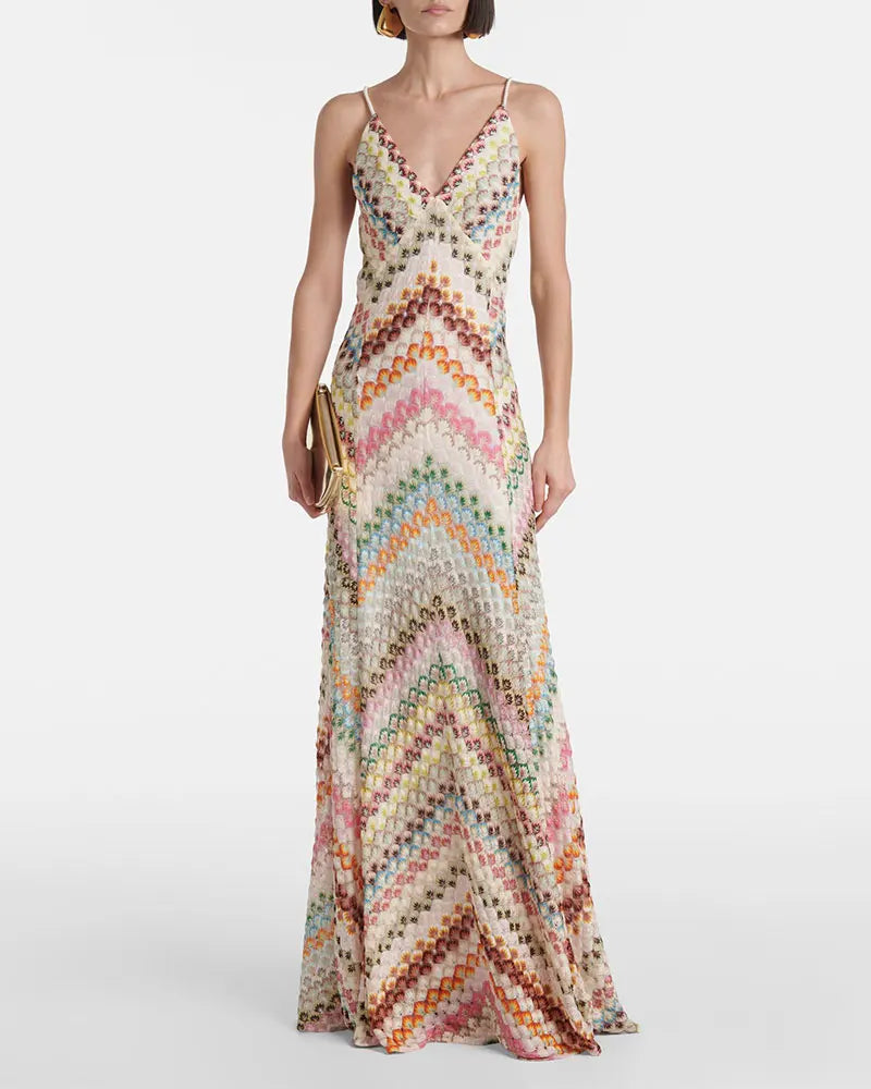 Crochet Halter Maxi Dress - V-Neck Backless Knit Dress