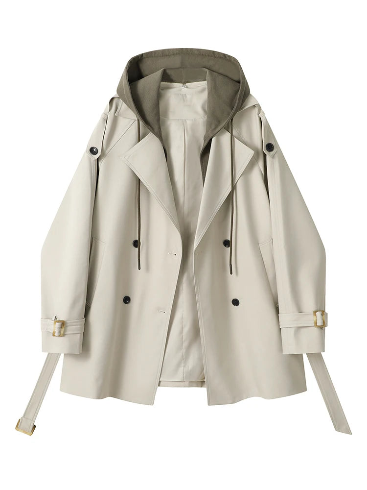 Beige trench coat with a hood on a white background