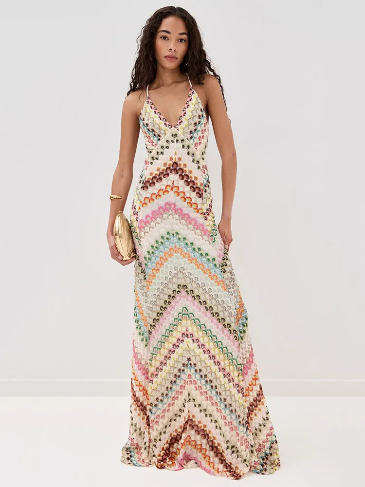 Crochet Halter Maxi Dress - V-Neck Backless Knit Dress