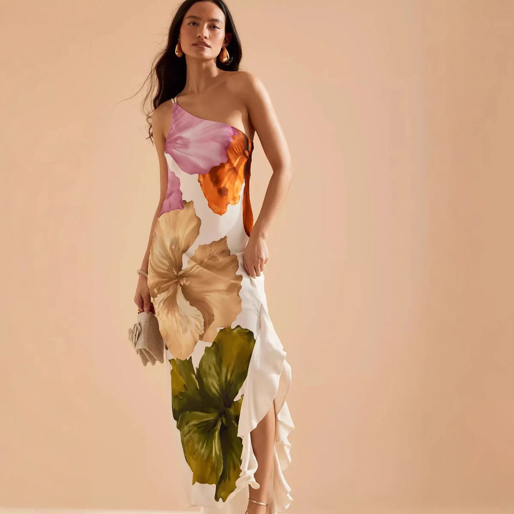 Printed One-Shoulder Maxi Dress - Asymmetric Ruffle Hem