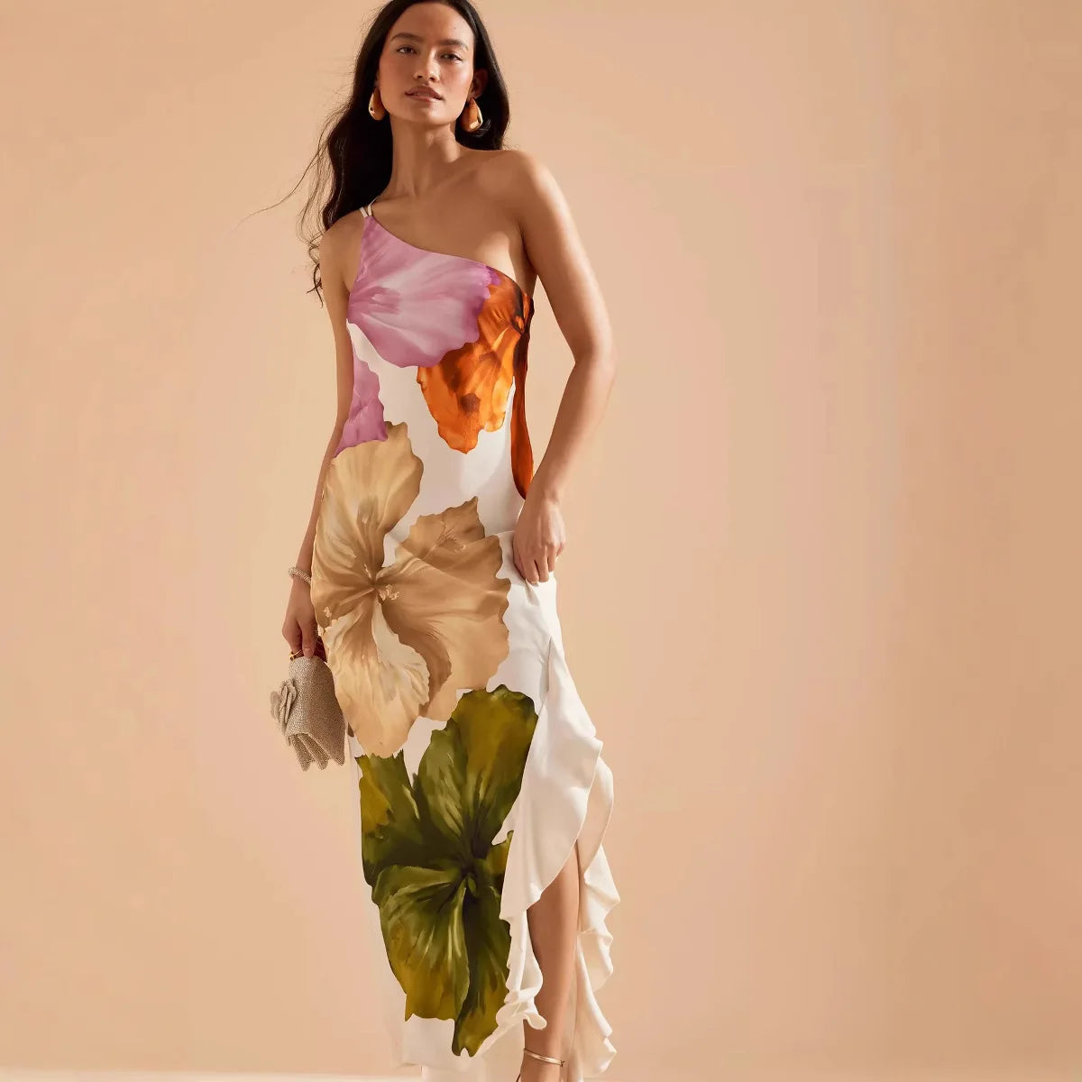 Printed One-Shoulder Maxi Dress - Asymmetric Ruffle Hem