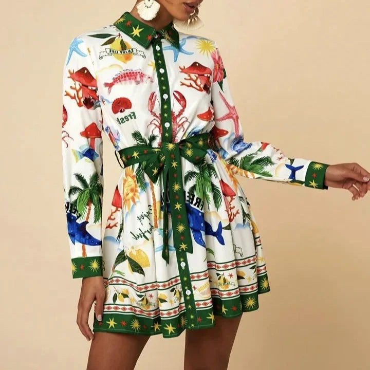 Floral Print Linen Shirt Dress - Knot Waist Midi Length