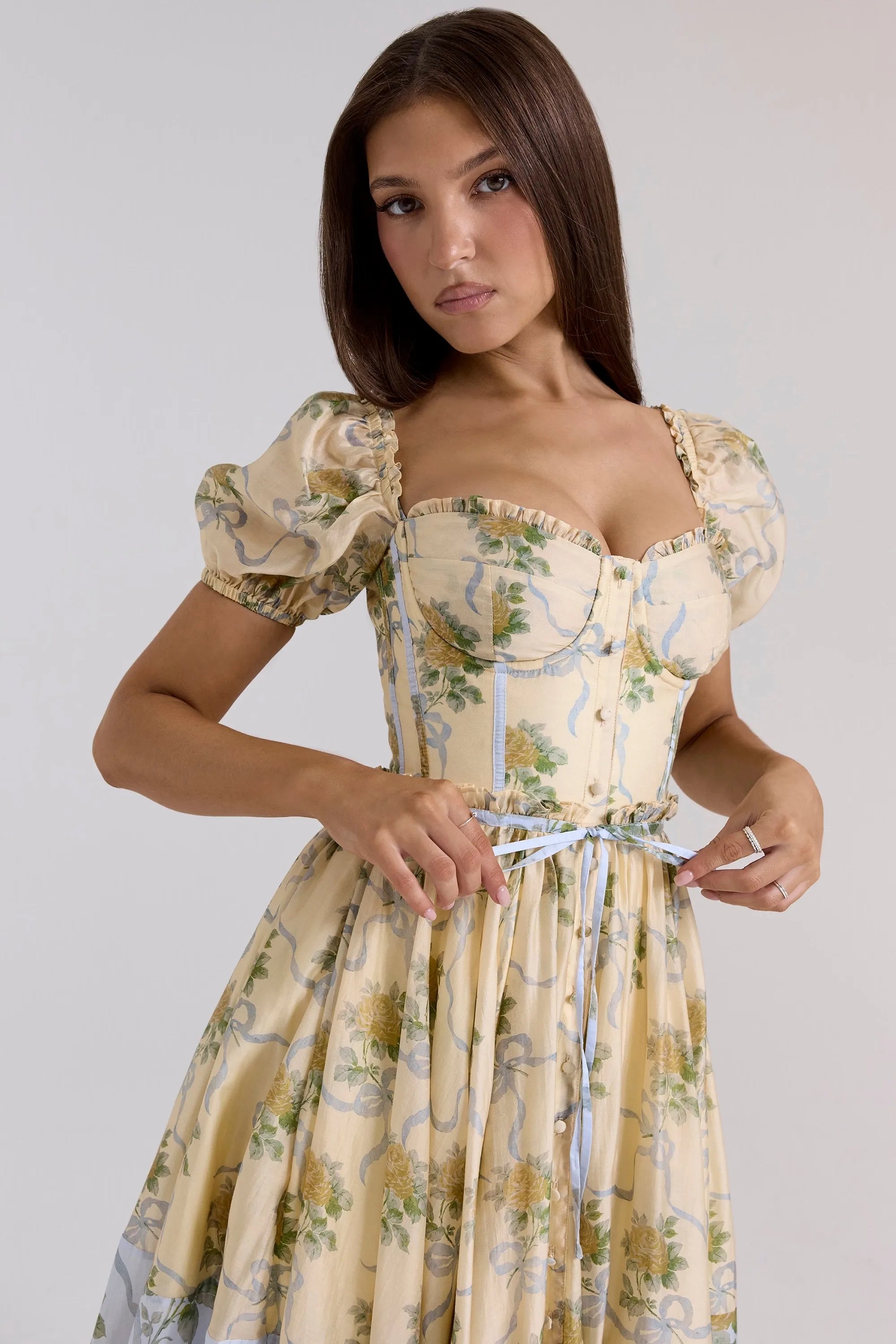 Floral Print Puff Sleeve Midi Dress - High Waist - Cottagecore Style