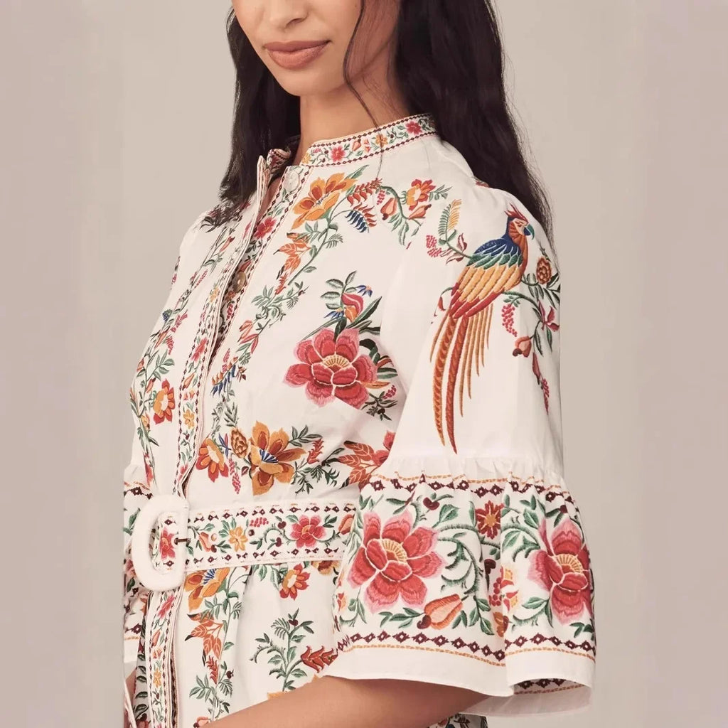 Floral Print V-Neck Linen Maxi Dress - Lantern Sleeve Waist-Cinching