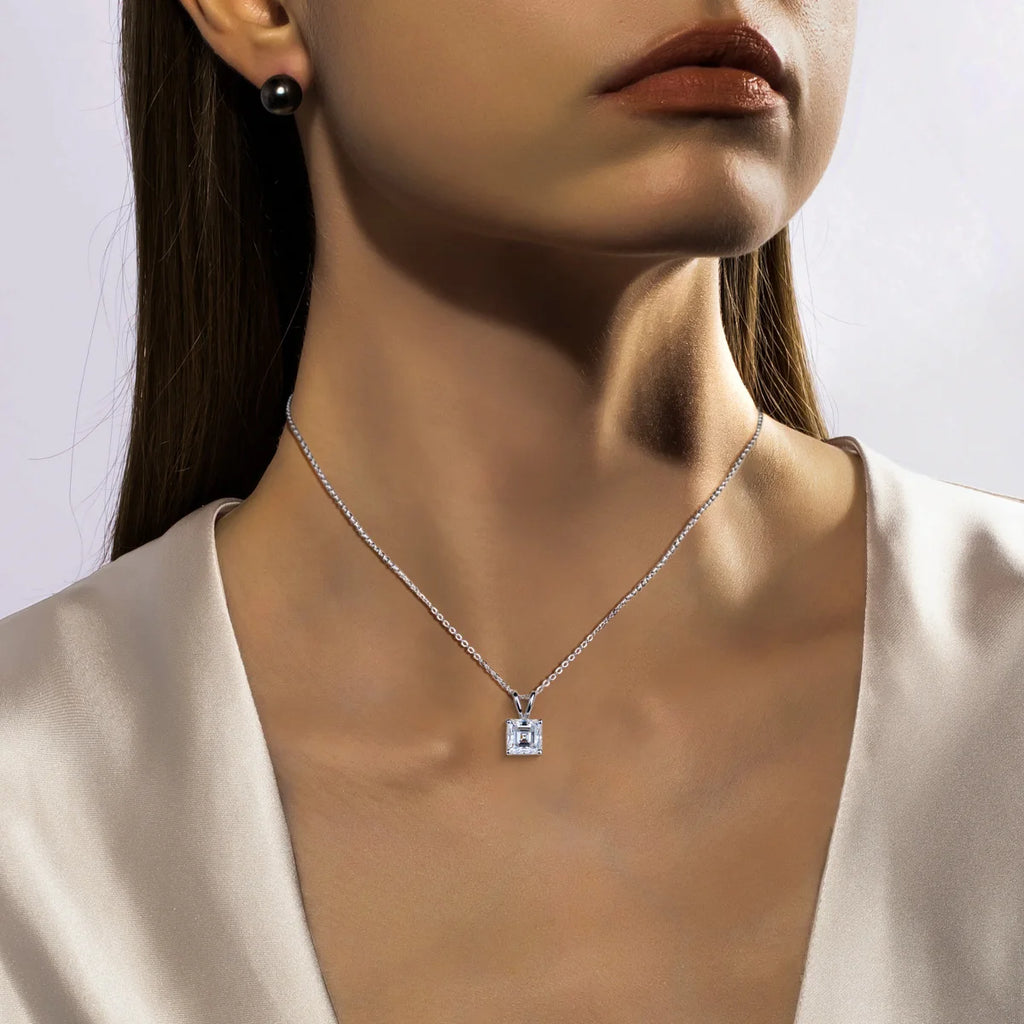 Asscher Cut Moissanite Pendant Necklace - 925 Sterling Silver D Color