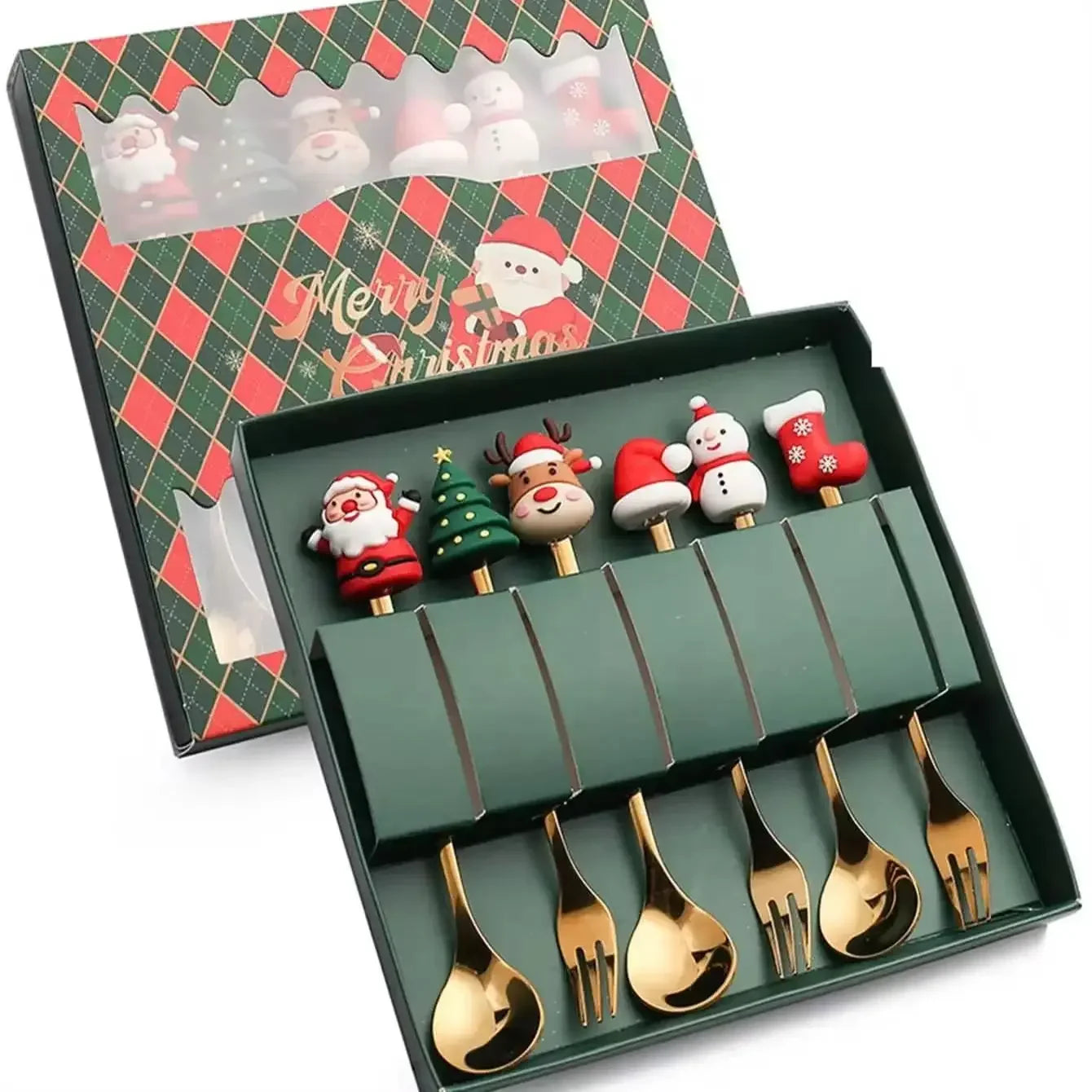 Set of gold cutlery with Christmas-themed handles in a decorative box.