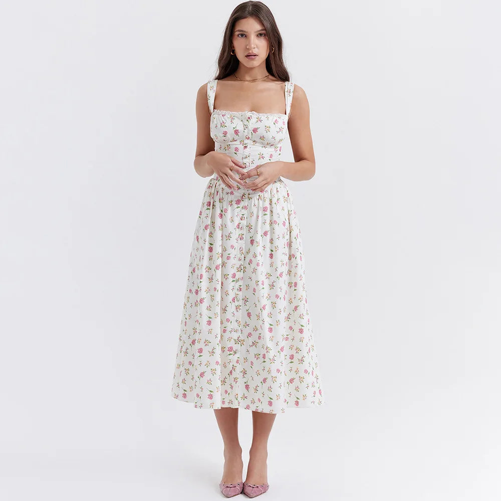 Spaghetti Strap Button Lace-Up Midi Dress with Pockets - Cottagecore Style