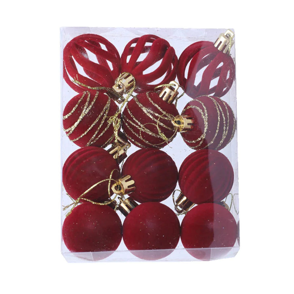 Pack of red Christmas ornaments with gold ribbons in clear packaging