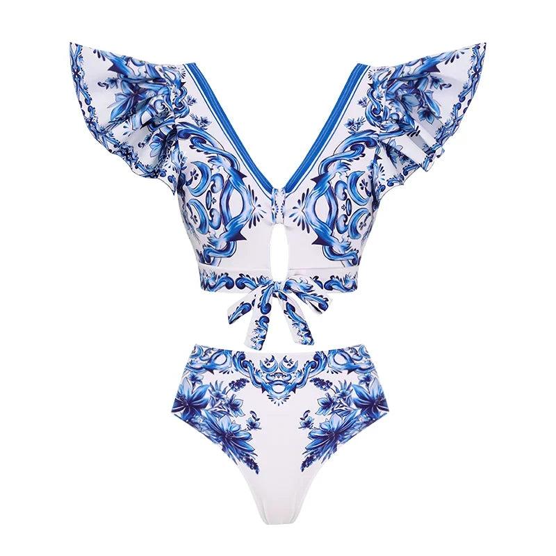 Bow Decor Majolica Print Swimsuit - Elegant Beachwear