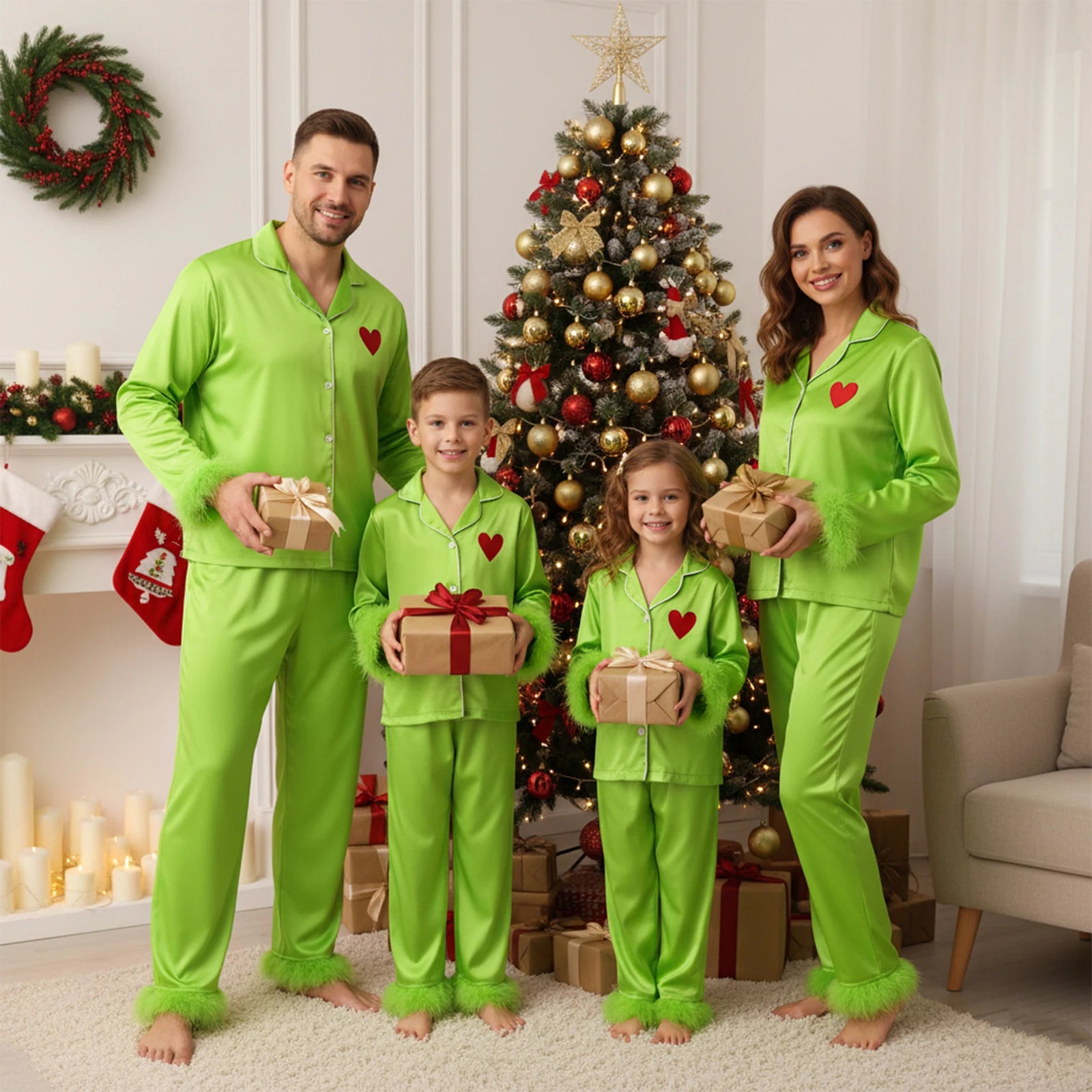 Family in matching green pajamas holding Christmas presents in front of a decorated tree.
