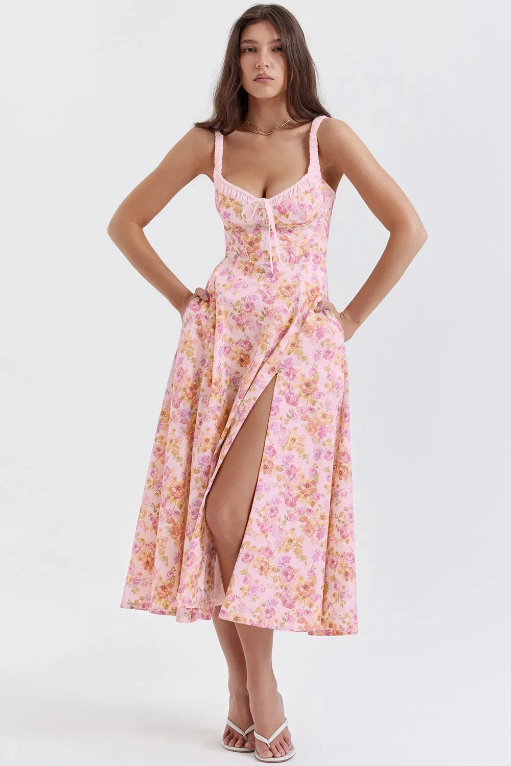 Floral Wrap Midi Dress with Side Slit - Cottagecore Style