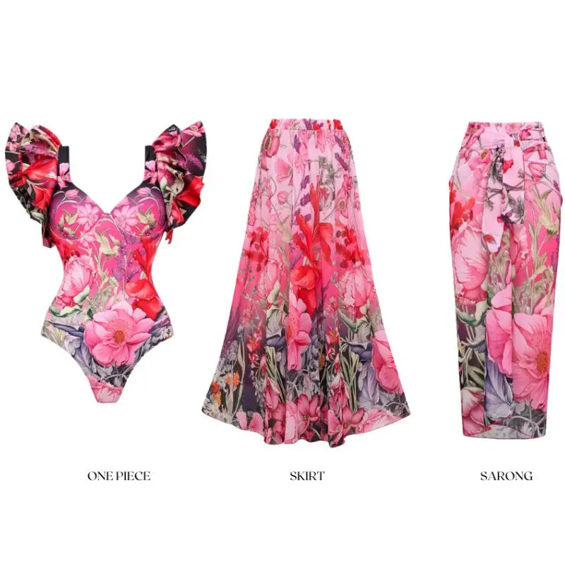 Blooming Flowers Print Swimsuit - Ruffled Beachwear