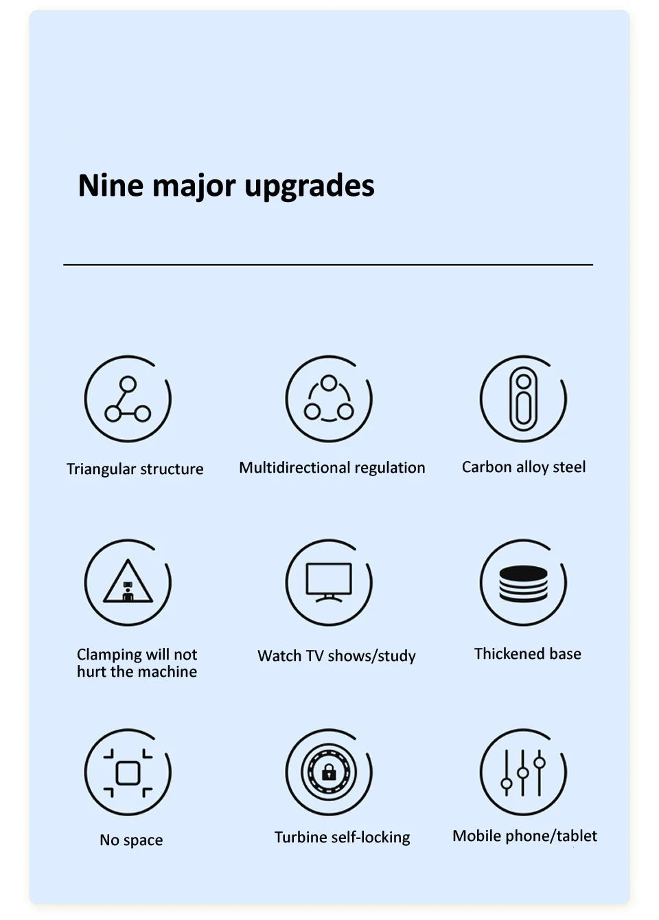 List of nine major upgrades with corresponding icons on a light blue background