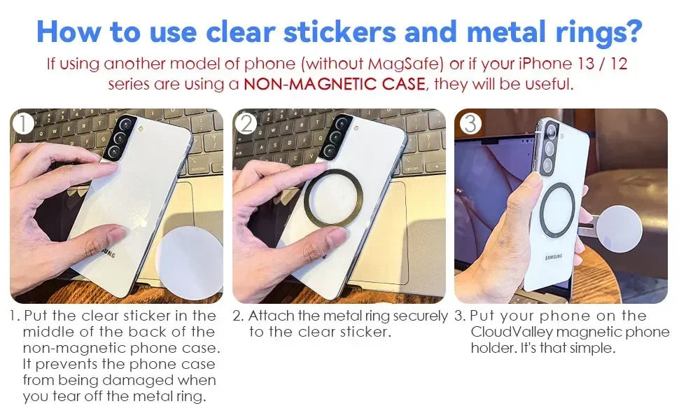 Step-by-step guide on how to use clear stickers and metal rings with a phone, excluding MagSafe models.