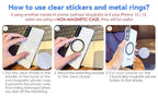 Step-by-step guide on how to use clear stickers and metal rings with a phone, excluding MagSafe models.