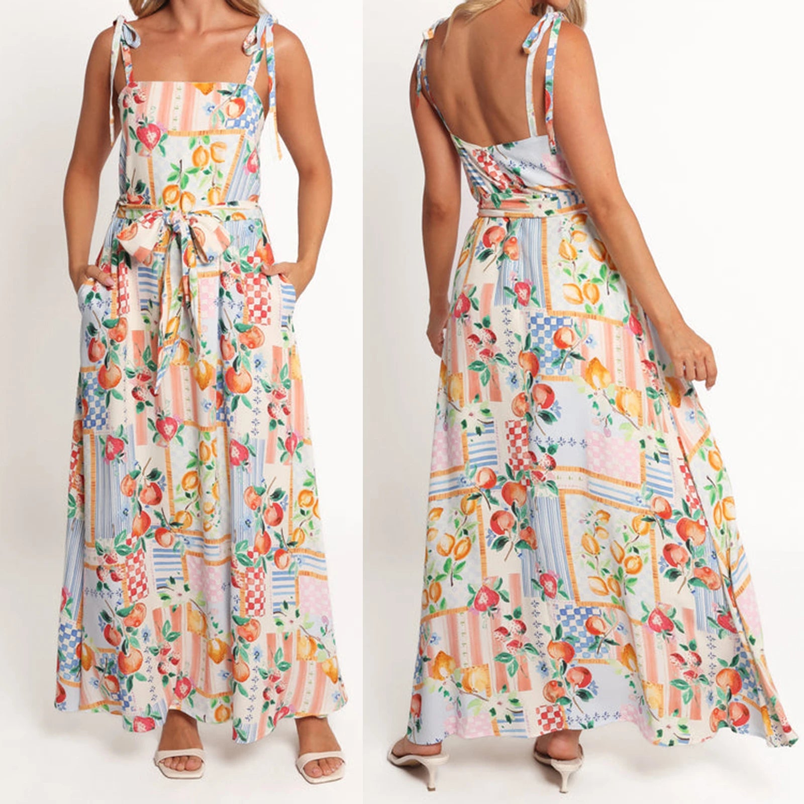 Floral Print Maxi Dress with Belt - Backless Spaghetti Strap Summer Dress