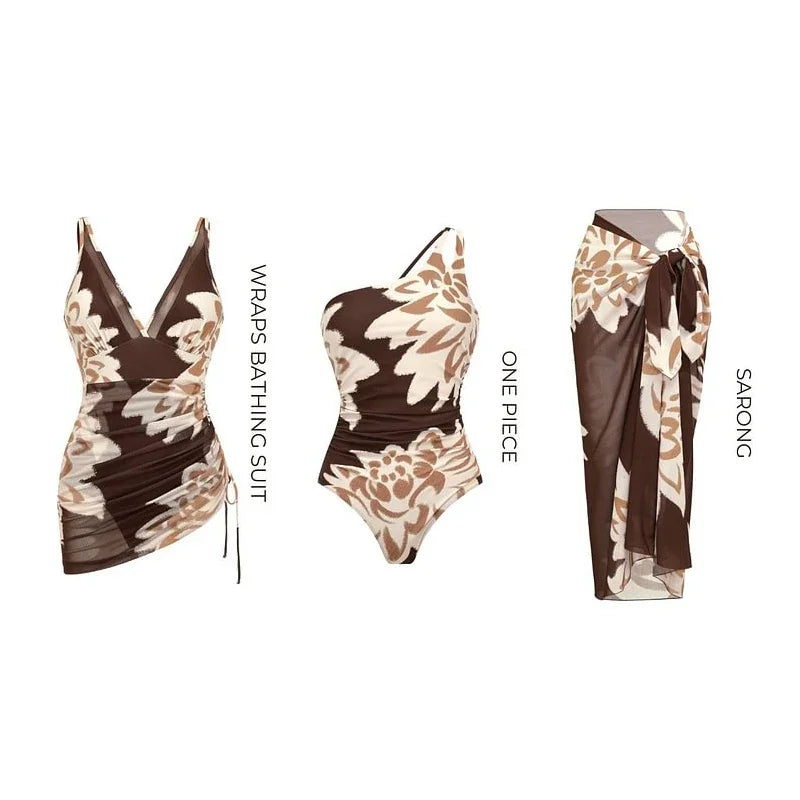 One Shoulder Swimsuit - Vintage Print Beachwear