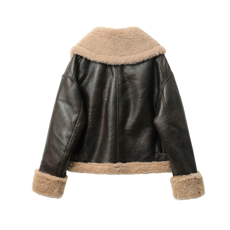 Black leather jacket with beige fur trim on a white background
