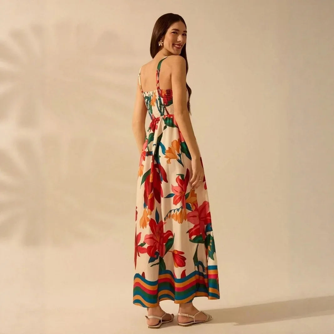 Floral Print A-Line Maxi Dress - Square Collar Sleeveless