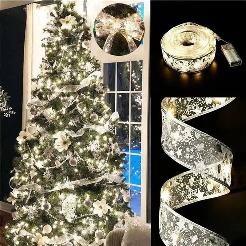 Decorative LED ribbon with snowflake pattern on a Christmas tree and roll of ribbon.