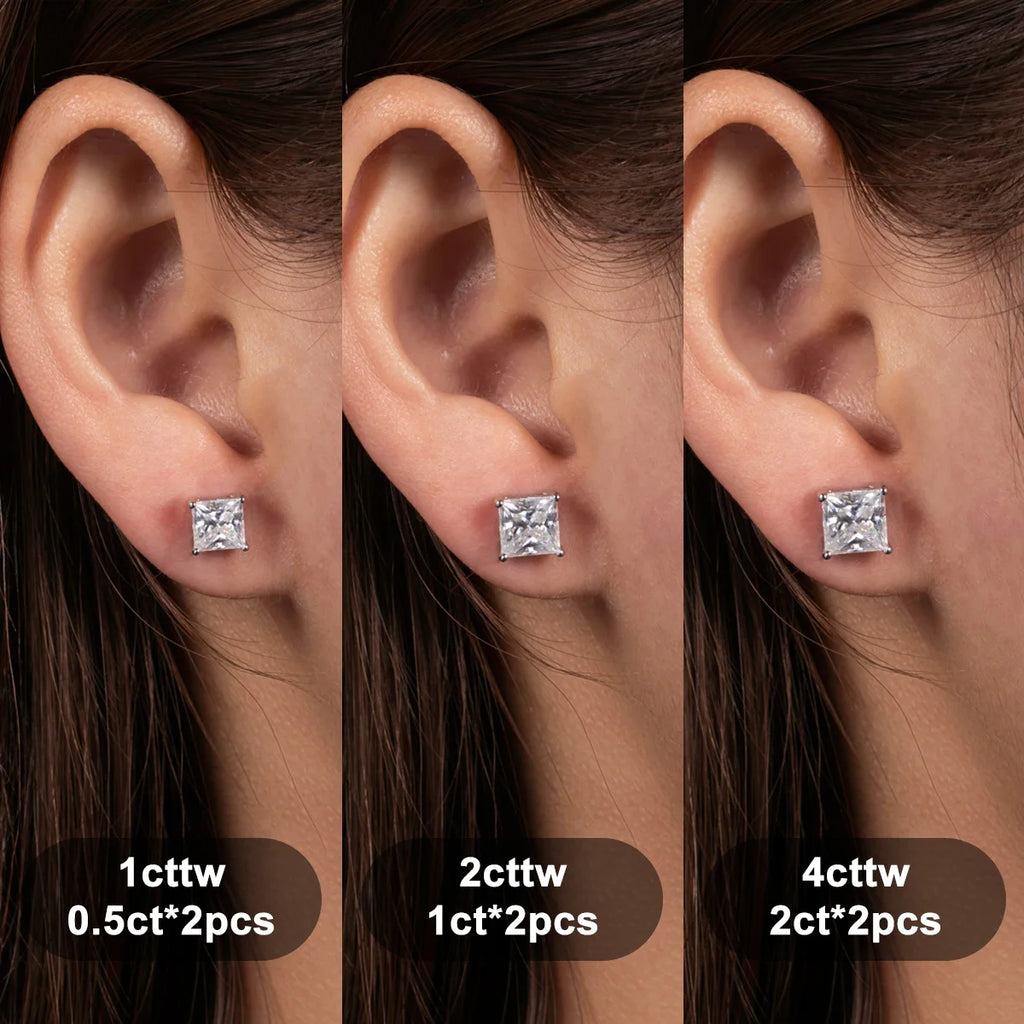 Three views of an ear wearing diamond stud earrings with weight labels.