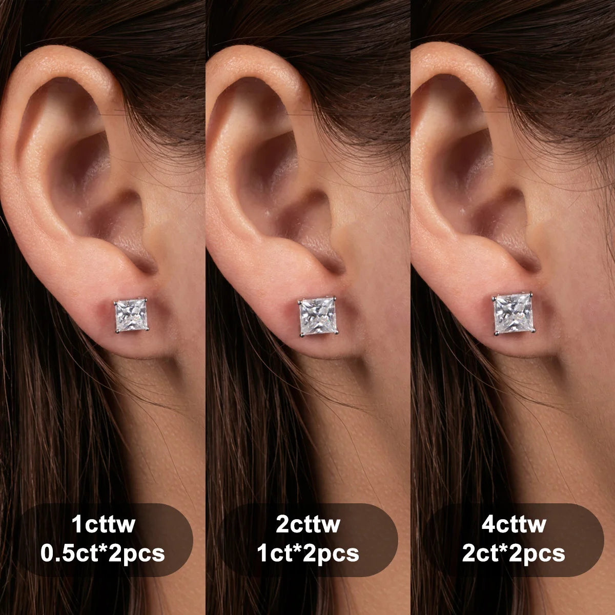 Three views of an ear wearing diamond stud earrings with weight labels.