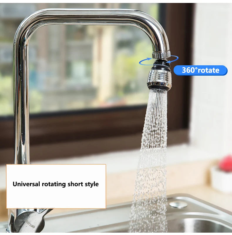 Kitchen faucet with a 360-degree rotating water filter attachment, showing water flowing.