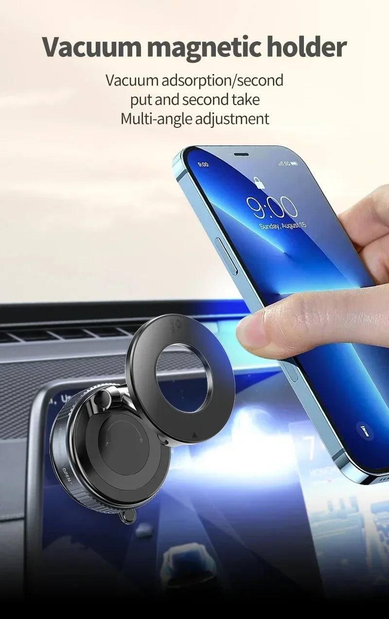 Vacuum magnetic holder with a phone being held above it, set against a car interior background.