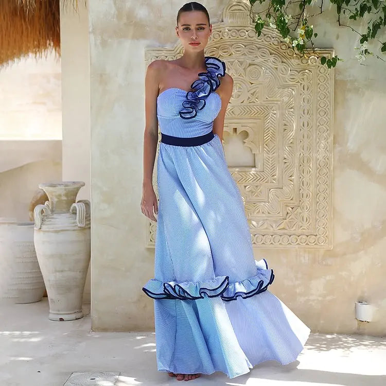 One Shoulder Ruffle Swimsuit - Stripe Print Beachwear